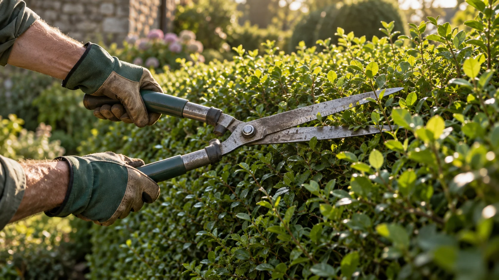 Illustration of gloved hands carefully shaping a privet hedge with shears